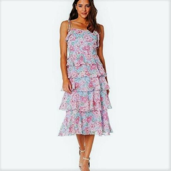 WAYF Chiffon Tiered Ruffle Dress Midi Plus Size 1X Tie Shoulder Blue Pink - Picture 6 of 10